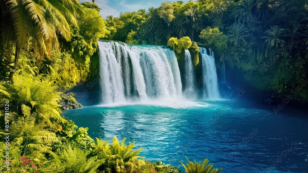Fototapeta premium Sunny Day Waterfall in Lush Forest