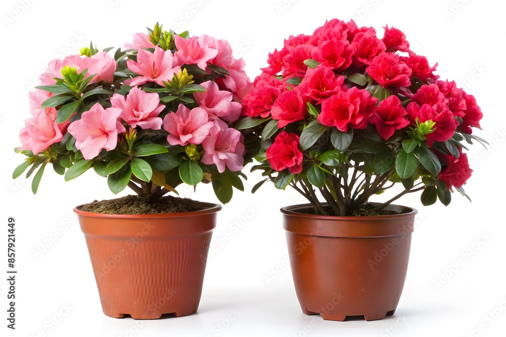 Two Azalea Flowers In Pots Isolated On White Background Two Azalea Flowers In Pots Isolated On White Background