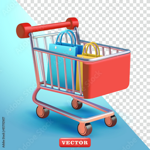 Shopping trolley containing shopping bags, 3d vector. Suitable for business and element design
