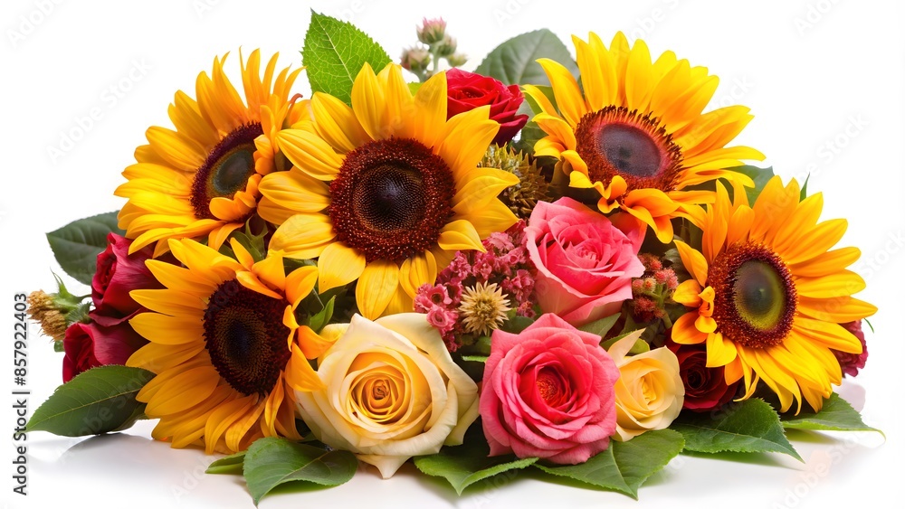 Naklejka premium Bright Sunflowers And Roses Bouquet Isolated On White Background
