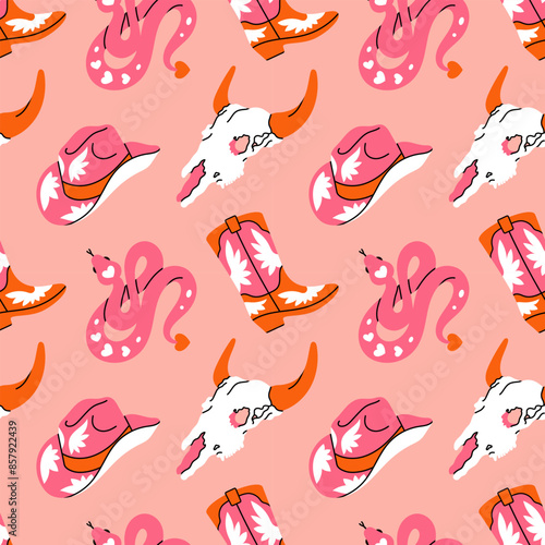 Cowboy cowgirl boots, hat, bull skull, snake. Seamless pink background. Coquette core. Pink doll wild west desert cute rodeo retro aesthetic