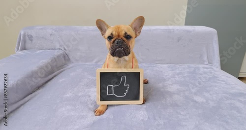 Young puppy sits on couch with chalk-drawn thumbs-up sign. Adorable doggy, with dewy eyes and perky ears, looks straight as if pleading for likes and subscriptions. Heartwarming and humorous moment