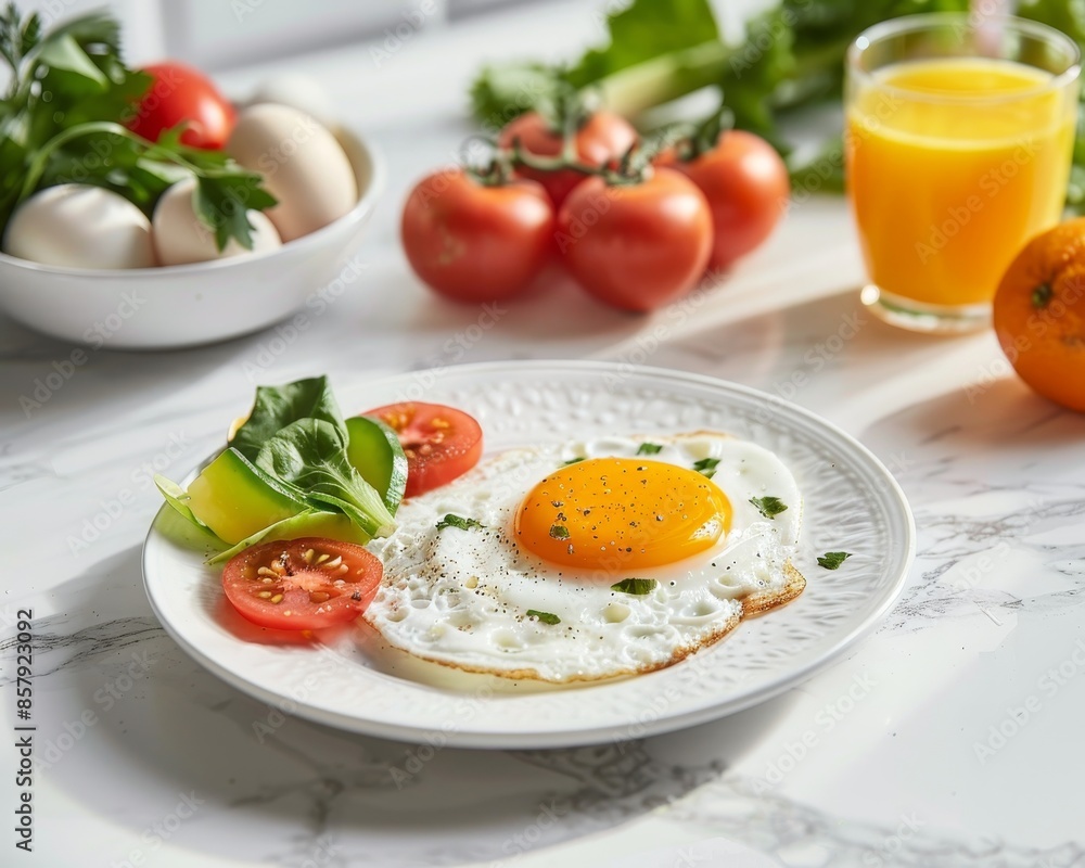 Nutritious breakfast spread with fried egg, fresh veggies, and orange juice on white table Nutritious breakfast spread with fried egg, fresh veggies, and orange juice on white table