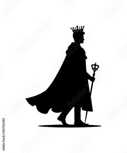 the king stands wearing a robe and holding a scepter (silhouette black on white background) - artwork 1