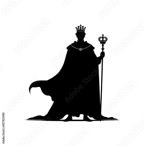 the king stands wearing a robe and holding a scepter (silhouette black on white background) - artwork 2