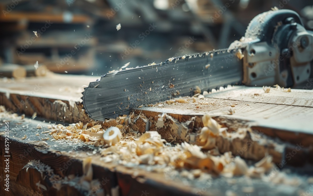 Close Up Of A Chainsaw Cutting A Wooden Plank In A Workshop Close Up Of A Chainsaw Cutting A Wooden Plank In A Workshop