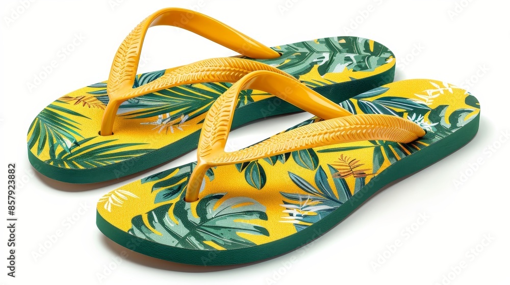 Flip flops in a yellow and green color scheme with a tropical print, funny theme, isolated, vibrant and detailed product image Flip flops in a yellow and green color scheme with a tropical print, funny theme, isolated, vibrant and detailed product image