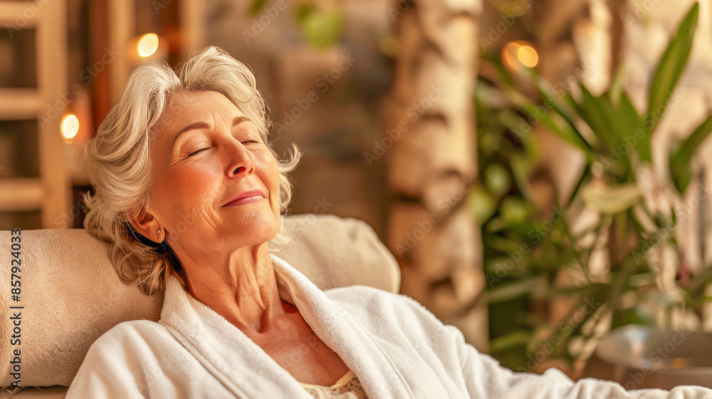 Senior woman peacefully relaxing in spa-like setting, basking in warm sunlight, with content expression. Concept of healthy aging, self-care, and enjoying golden years with grace and tranquility Senior woman peacefully relaxing in spa-like setting, basking in warm sunlight, with content expression. Concept of healthy aging, self-care, and enjoying golden years with grace and tranquility