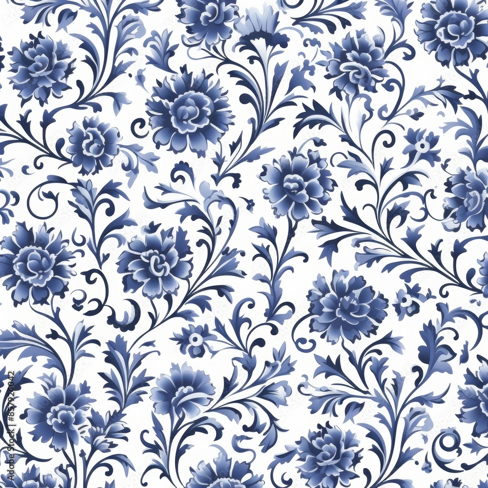 Fototapeta premium Elegant seamless blue floral pattern illustration on a pristine white background