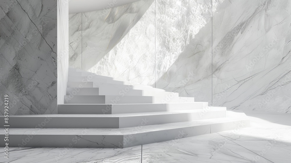 Fototapeta premium 3D render of an abstract white background featuring natural architectural stone textures. The scene includes an empty space background pattern with a conceptual wall and a platform.