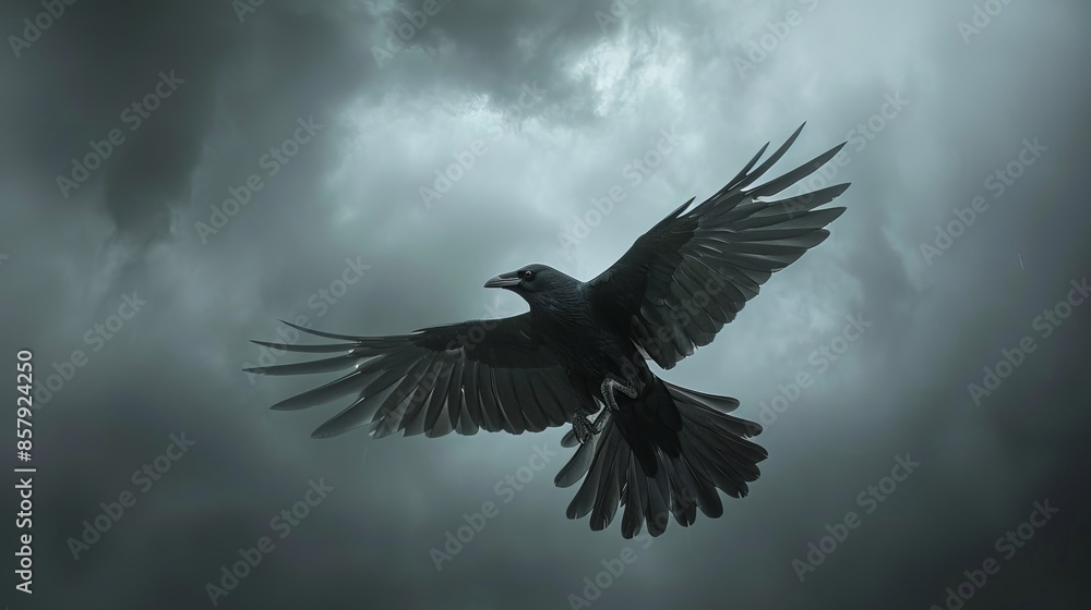 Fototapeta premium Flying blackbird with wings fully extended, stormy sky backdrop, viewed from below, raw style, powerful and dynamic