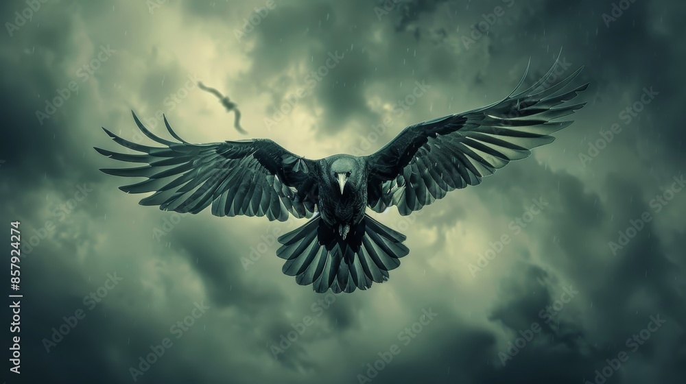 Obraz premium Flying blackbird with wings fully extended, stormy sky backdrop, viewed from below, raw style, powerful and dynamic