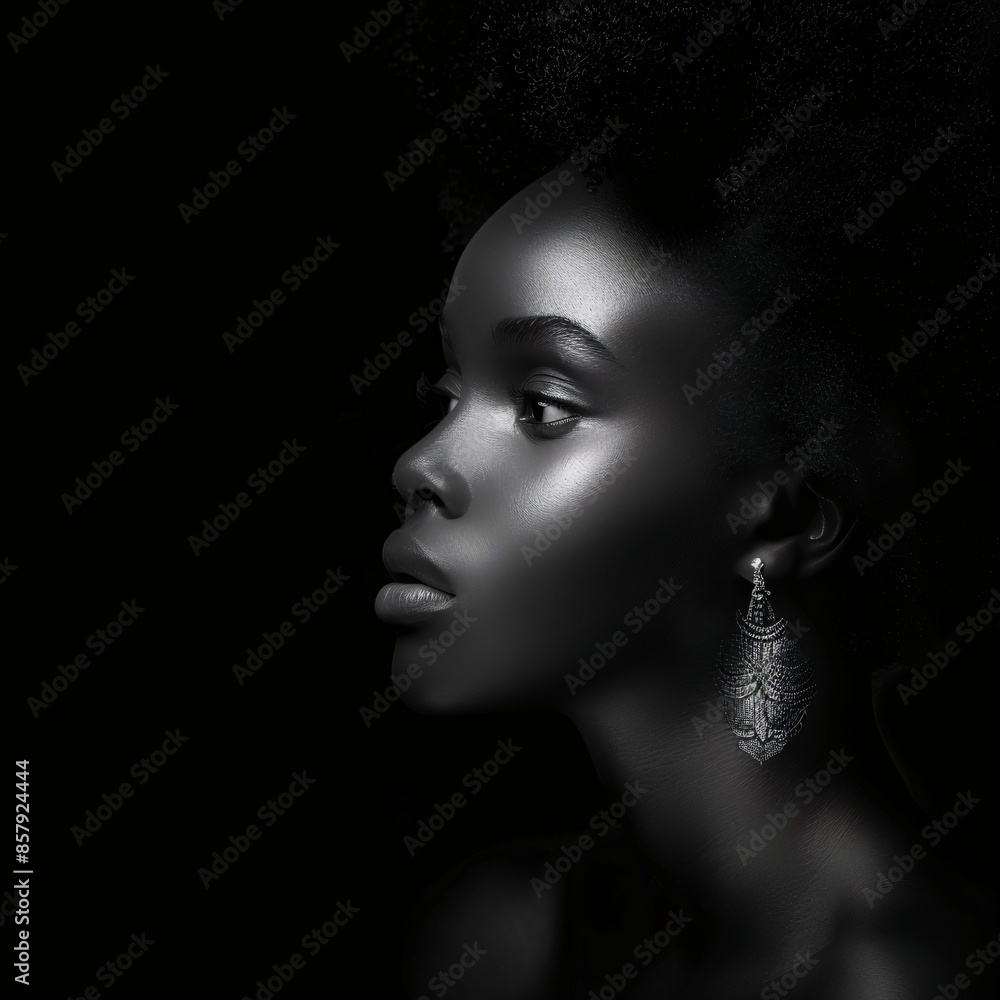 Elegant portrait of a young woman with natural hair wearing intricate earrings Elegant portrait of a young woman with natural hair wearing intricate earrings