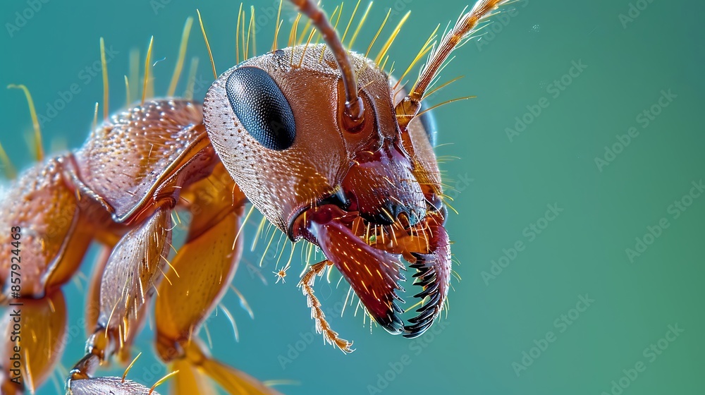 Red ant under microscope portrait on green background