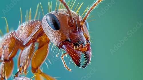 Obraz na płótnie Red ant under microscope portrait on green background w salonie