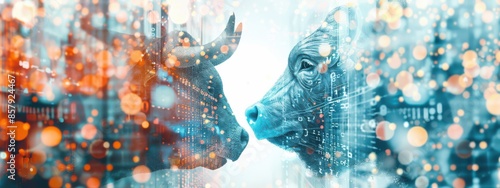 Double exposure illustration of a bull and bear facing off in front of a bustling cityscape, with stock market charts and data overlays, high-quality, minimalist style on white background. photo