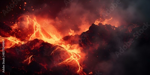 A panoramic perspective of volcanic eruption with flowing lava smoke and infernal chaos. Concept Extreme Landscapes, Natural Disasters, Volcanic Eruptions, Infernal Chaos, Panoramic Shots photo