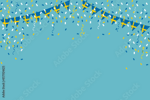 Flag of Sweden bunting confetti background frame border for ceremony festival coronation party event vector illustration with copy space. 