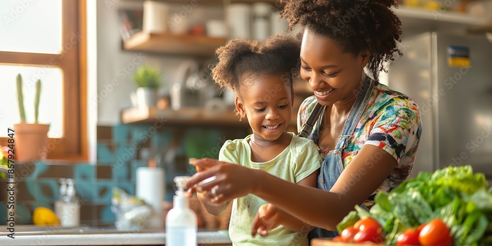 Mother and daughter bonding in the kitchen, cooking a homemade meal together with love and joy Mother and daughter bonding in the kitchen, cooking a homemade meal together with love and joy