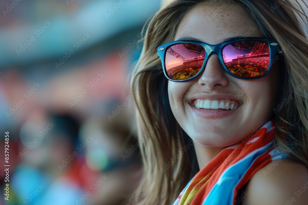 A stylish woman cheers enthusiastically at a sports game, celebrating her team's victory with happiness A stylish woman cheers enthusiastically at a sports game, celebrating her team's victory with happiness
