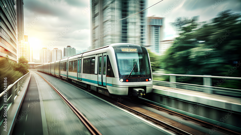 Naklejka premium Train moving fast in a hazy city