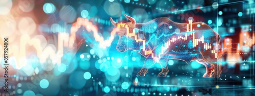 Double exposure of a Bull and bear collide with a cityscape and fluctuating stock charts, representing the volatility and dynamic nature of the stock market. photo