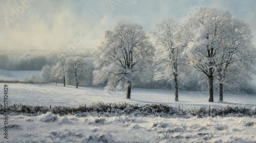 Frosty trees in a snowy field, capturing the essence of winter, peaceful and quiet, raw and vivid detail