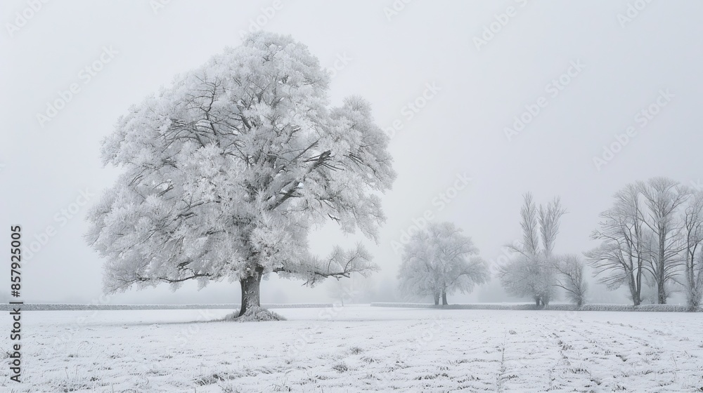 Fototapeta premium Frosty trees in a snowy field, capturing the essence of winter, peaceful and quiet, raw and vivid detail
