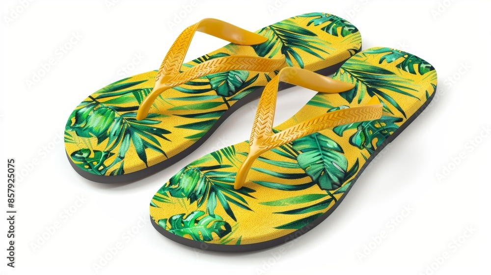 Funny tropical print flip flops, yellow and green, isolated product image, vibrant and humorous design, high detail Funny tropical print flip flops, yellow and green, isolated product image, vibrant and humorous design, high detail
