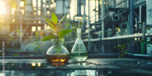 Convert industrial waste into useful chemicals using green synthesis techniques. Concept Industrial waste recycling, Green synthesis, Sustainable chemistry, Chemical transformation, Waste reduction