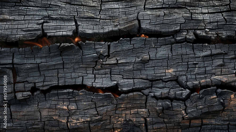 Close-up image of a piece of mahogany wood burned to charcoal. The charcoal is black with a rough texture and unique cracks, making it suitable for use as a background. Close-up image of a piece of mahogany wood burned to charcoal. The charcoal is black with a rough texture and unique cracks, making it suitable for use as a background.
