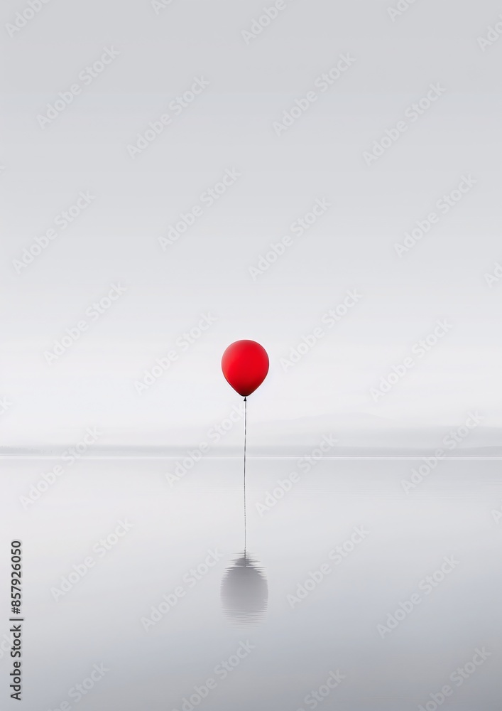 Red Balloon Floating in Calm Misty Water Creating a Serene Minimalist Scene Red Balloon Floating in Calm Misty Water Creating a Serene Minimalist Scene