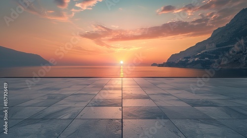 Empty square floor with mountain and sea at sunset.