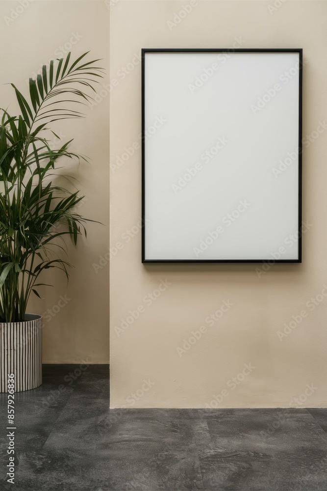 Minimalist Interior with Black Frame and Potted Plant Against Beige Wall - Generative ai Minimalist Interior with Black Frame and Potted Plant Against Beige Wall - Generative ai