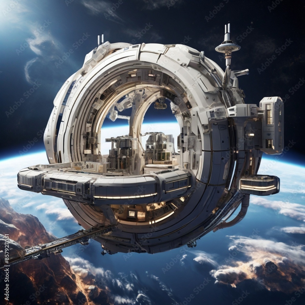 A space station orbiting Earth, showcasing advanced technology for sustainable living in space habitats. A space station orbiting Earth, showcasing advanced technology for sustainable living in space habitats.