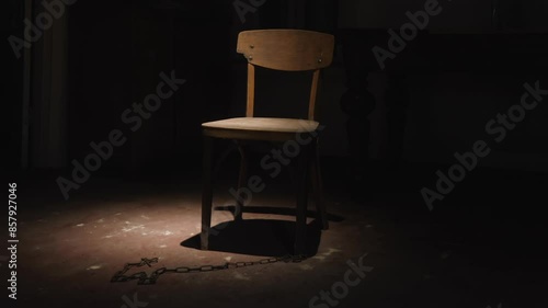 An old wooden chair in the center of a room with a floor illuminated by a narrow beam of light. A chain is attached to one of the chair's legs, creating an atmosphere of isolation and imprisonment