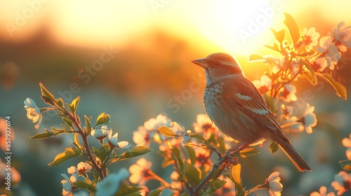 Close-up of solar panels with a bird perched on the edge, capturing the harmony between technology and wildlife, with sunlight reflecting off the panels and a clear sky, hd quality, natural look --ar 