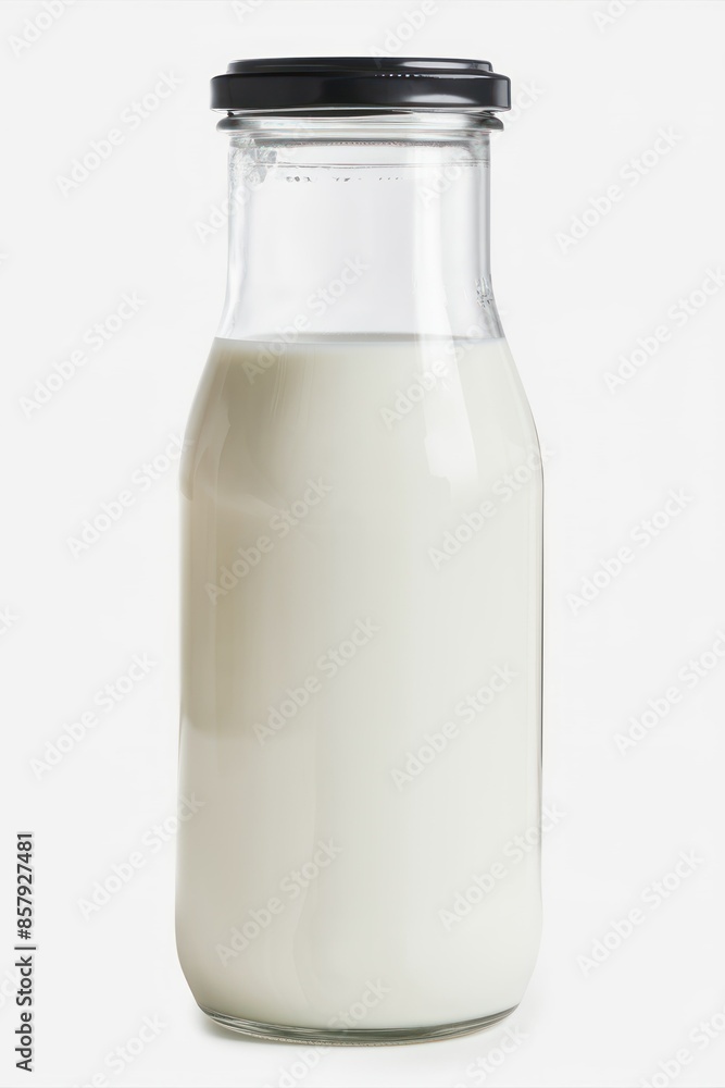 Glass Bottle of Fresh Dairy Milk with Black Cap in Minimalist Style - Generative ai Glass Bottle of Fresh Dairy Milk with Black Cap in Minimalist Style - Generative ai