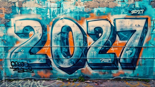 "2027" on an empty solid background with bright cyan color, in a graffiti street art style. 32k, full ultra hd, high resolution © ALLAH KING OF WORLD