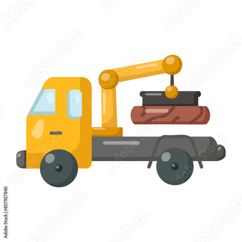 Off road Log Handling Vehicle with knuckle boom concept, Hydraulic Rotation Pick up bole truck vector color icon design, timber and lumber Symbol,  forest Deforestation product Sign,mill yard and wood