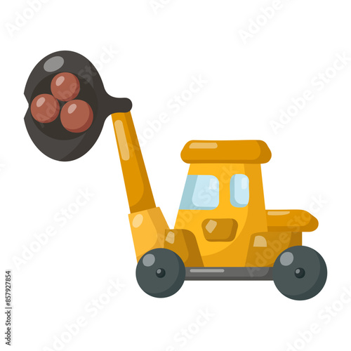 Shovel Logger in Action at Log yard concept, Tractor-mounted forestry crane vector color icon design timber and lumber Symbol,  forest Deforestation products Sign,mill yard woodland stock illustration