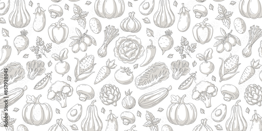 Vegetables seamless pattern, isolated background. Veggies monochrome vector icons set. Minimalist horizontal banner. Organic food, natural, eco product. For cover, wrapping paper, textile print Vegetables seamless pattern, isolated background. Veggies monochrome vector icons set. Minimalist horizontal banner. Organic food, natural, eco product. For cover, wrapping paper, textile print