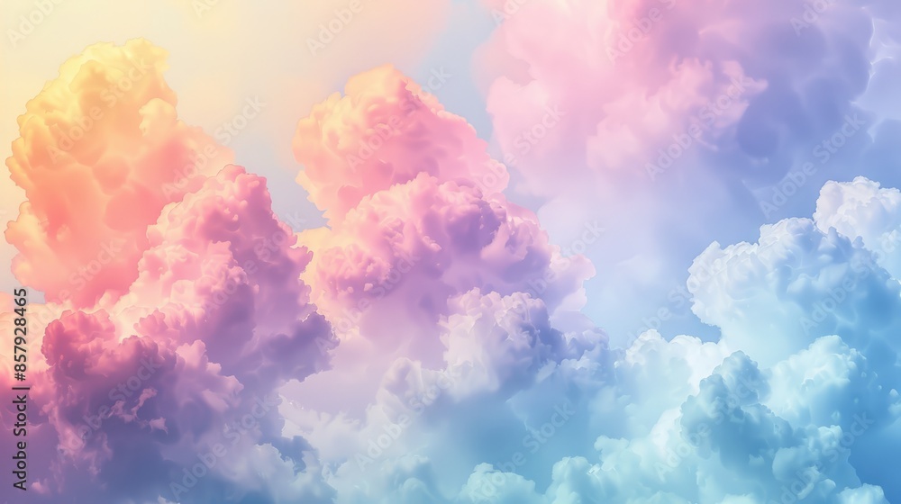 Fototapeta premium beautiful magic background, cumulus clouds in pastel colors, pink and blue, sun rays