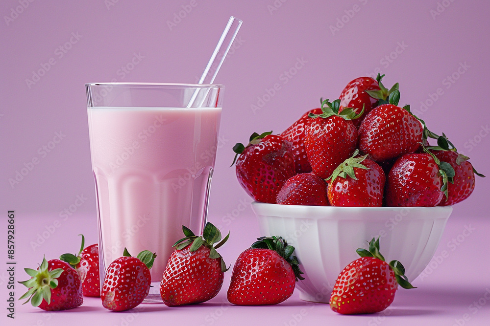 A glass of milkshake and strawberries on the table with a light purple background A glass of milkshake and strawberries on the table with a light purple background