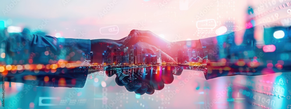 Double exposure scene of business professionals shaking hands with urban cityscape and financial graphs in the background, symbolizing market success and collaboration Double exposure scene of business professionals shaking hands with urban cityscape and financial graphs in the background, symbolizing market success and collaboration