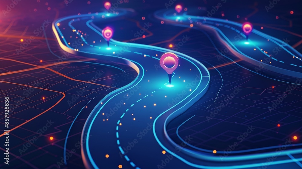 Vector isometric design of a winding road with map pins, focusing on ...