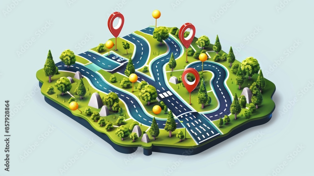 Vector isometric winding road with map pins, representing logistics, journey, and delivery, detailed and professional, raw style Vector isometric winding road with map pins, representing logistics, journey, and delivery, detailed and professional, raw style