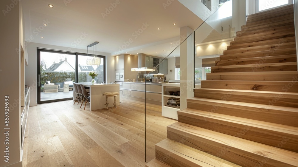 Modern Kitchen and Staircase in a Bright Home. Generative ai Modern Kitchen and Staircase in a Bright Home. Generative ai