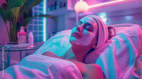 Woman Relaxing with a Face Mask in Spa. Generative ai