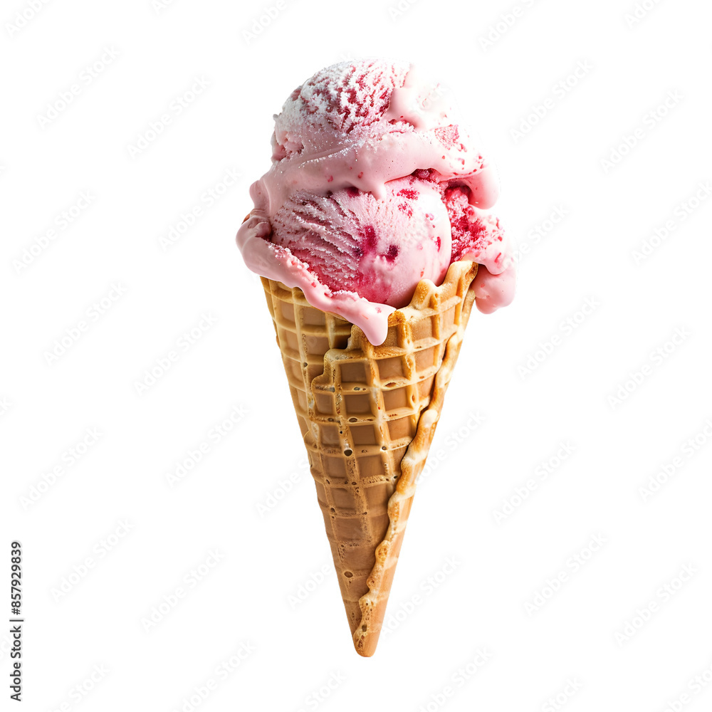 A single scoop of pink ice cream sits in a waffle cone. A single scoop of pink ice cream sits in a waffle cone.